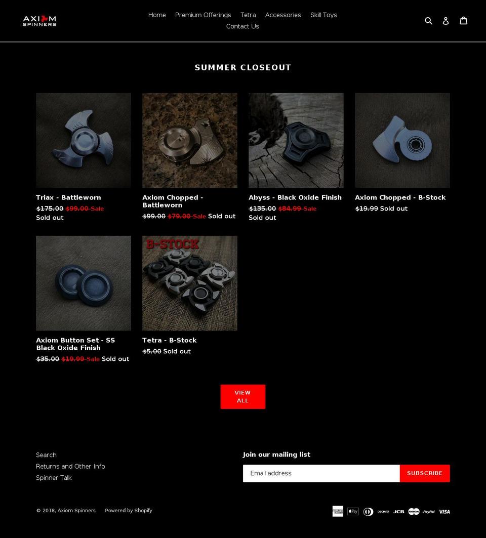 axiom-spinners.com shopify website screenshot