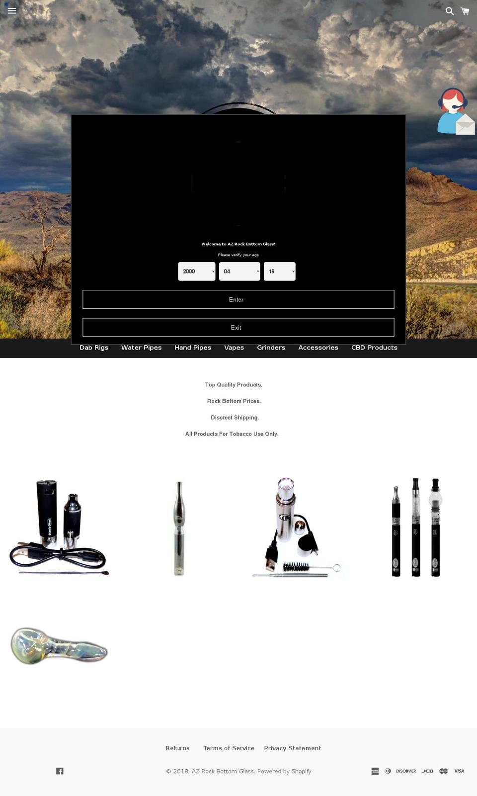 azrockbottomglass.com — Shopify storefront screenshot