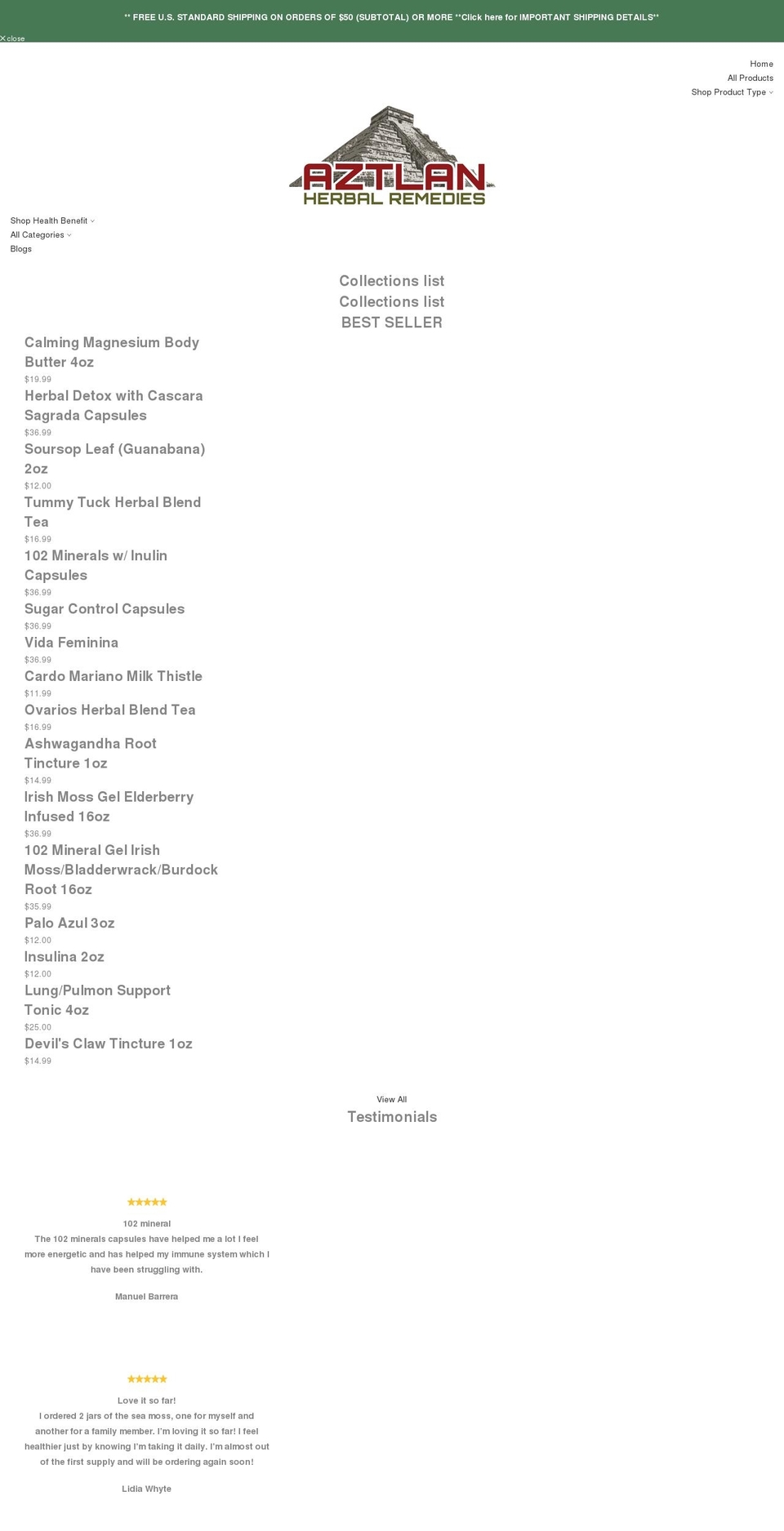 aztlanherbalremedies.com shopify website screenshot