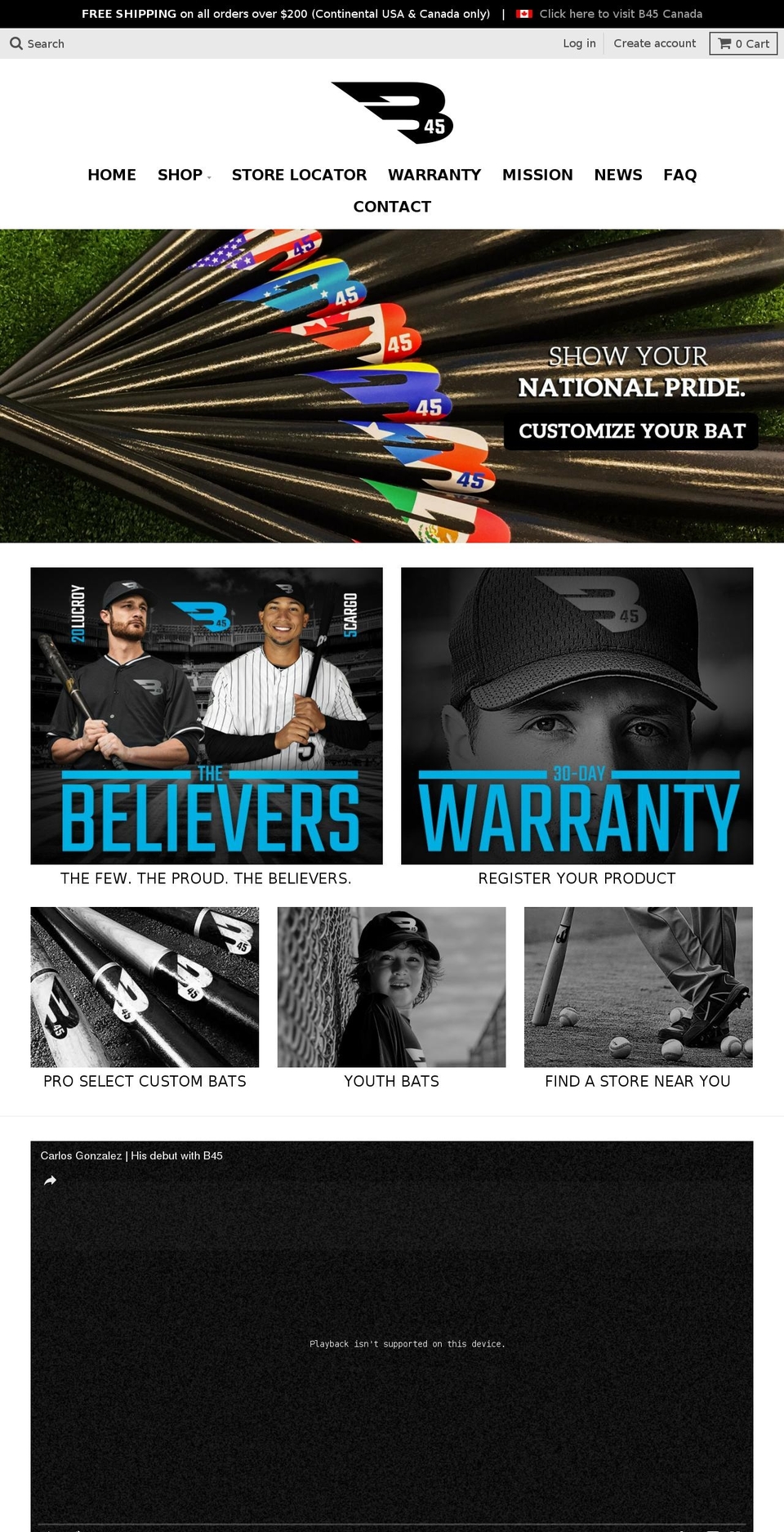 b45baseball.com shopify website screenshot