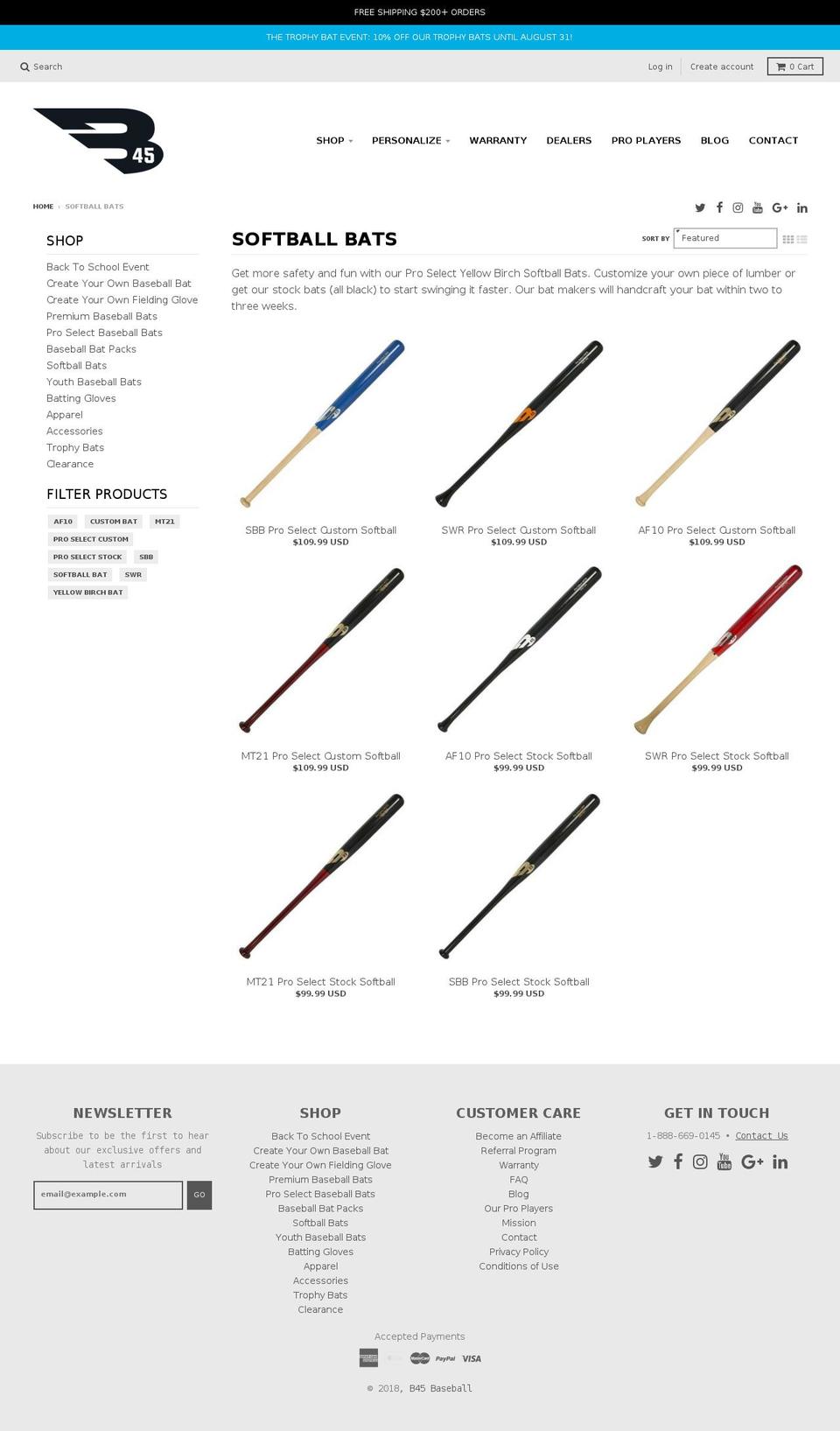 b45softball.com — Shopify storefront screenshot