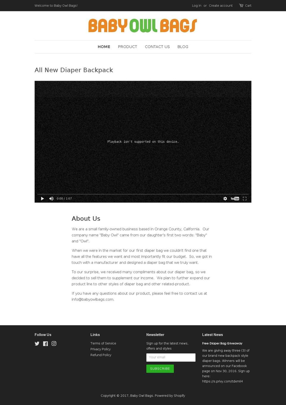 babyowlbags.com shopify website screenshot