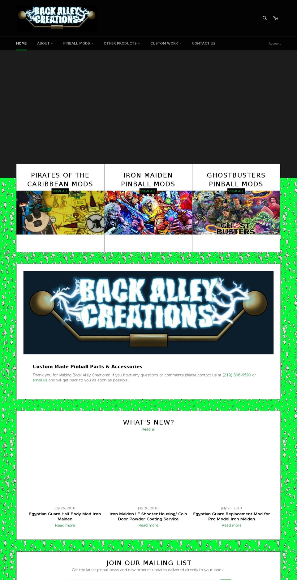 backalleycreations.com shopify website screenshot