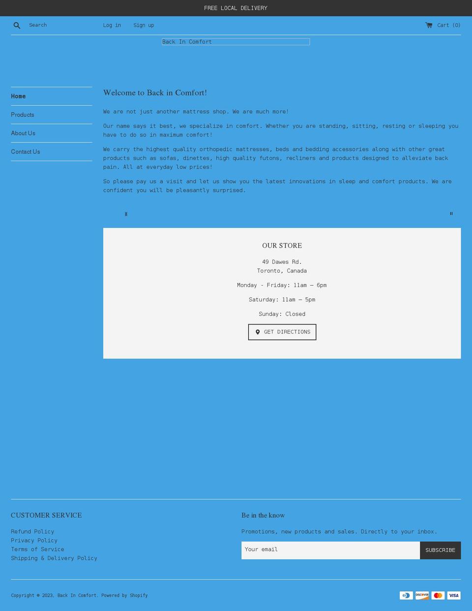 backincomfort.ca shopify website screenshot