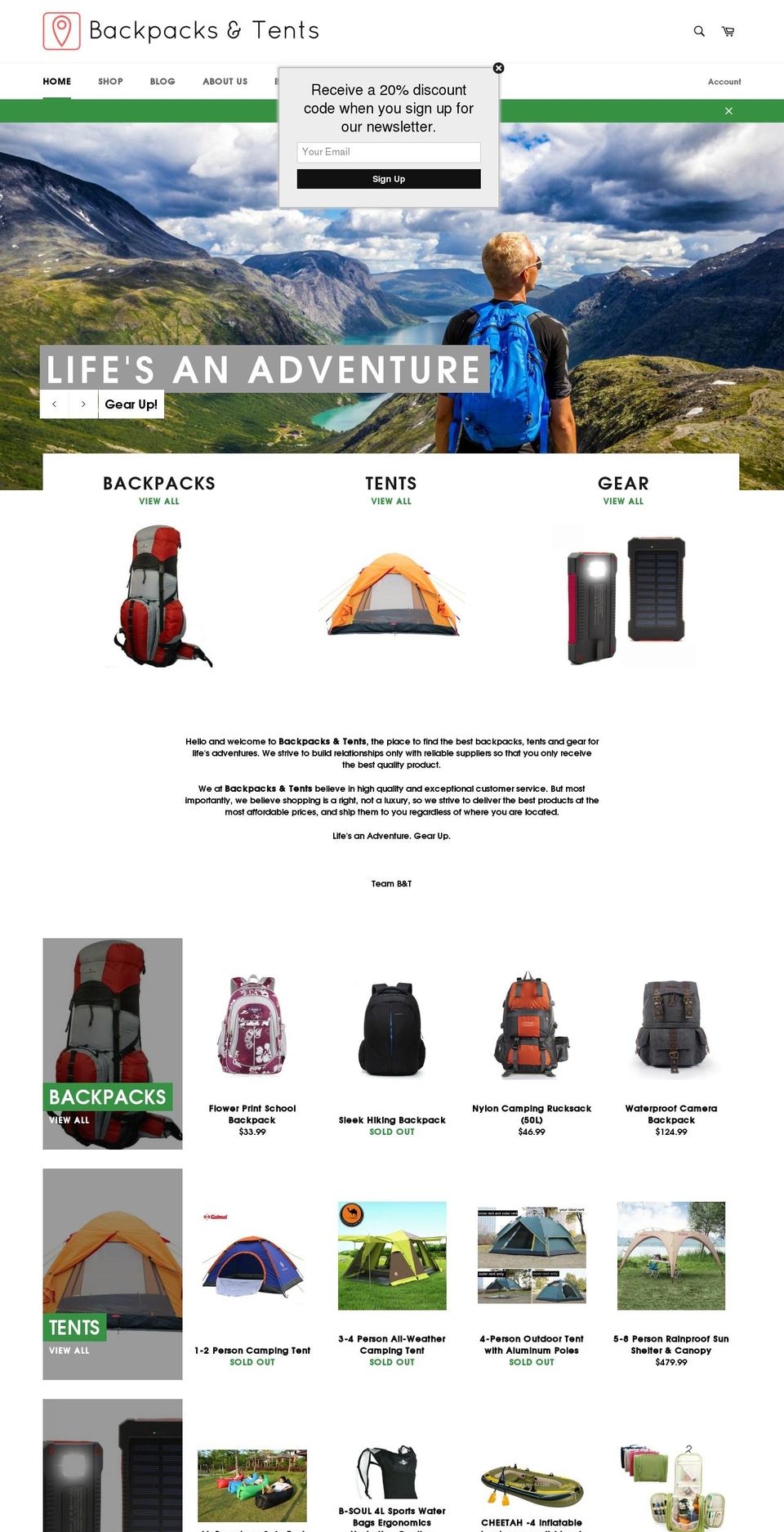 backpacksandtents.com shopify website screenshot
