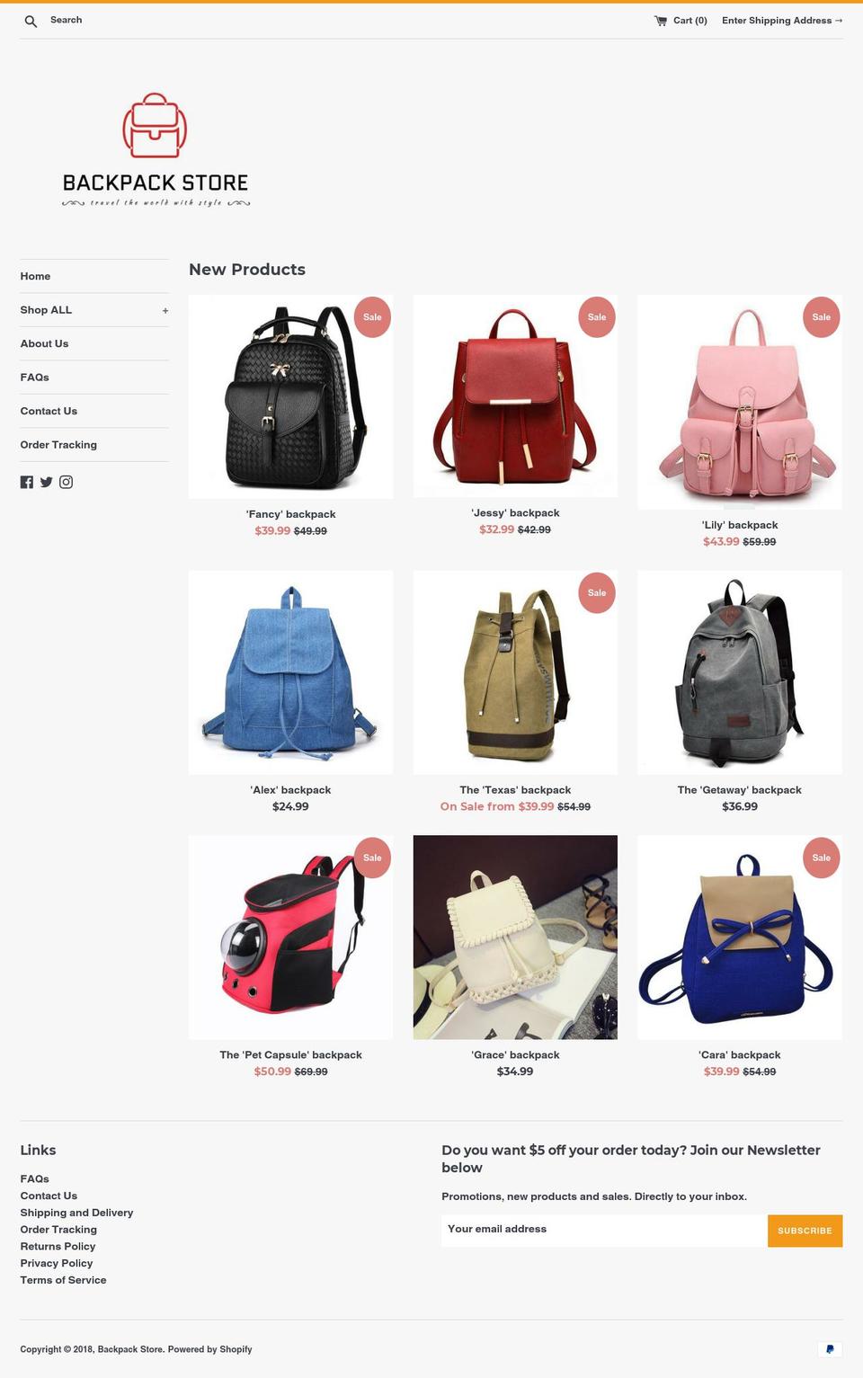 backpackstore.net shopify website screenshot