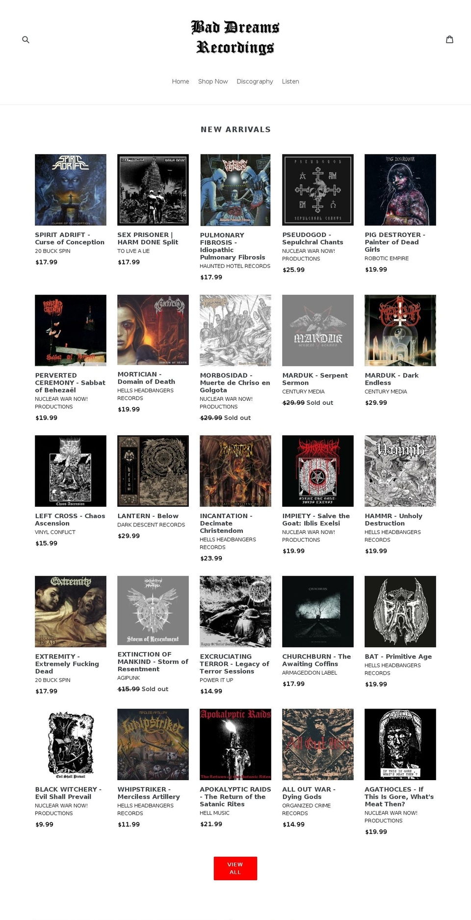 baddreamsrecordings.com — Shopify storefront screenshot
