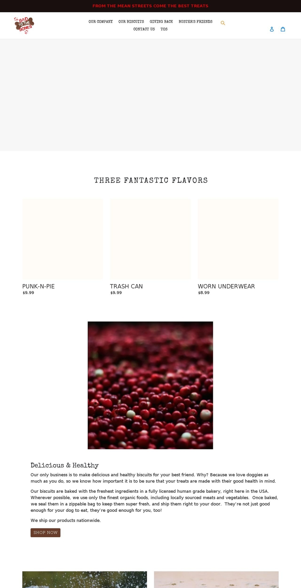 badtothebonesbiscuits.com shopify website screenshot