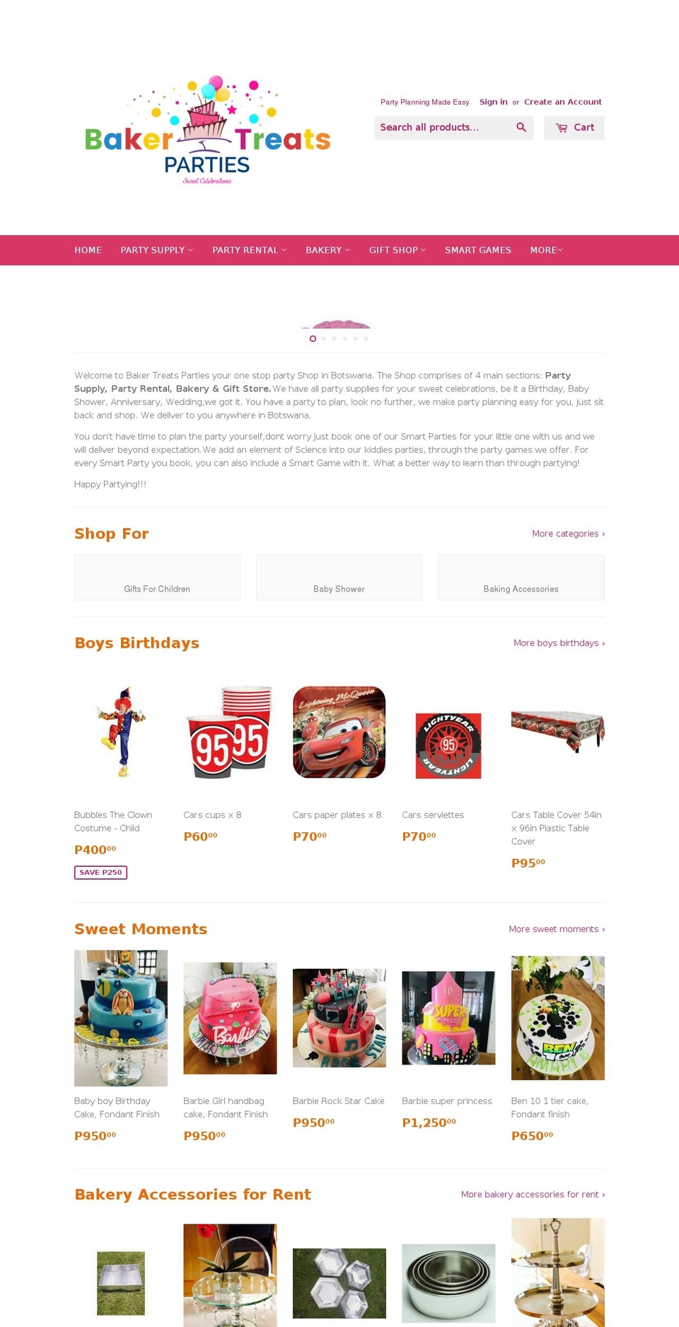 bakertreatsparties.com shopify website screenshot
