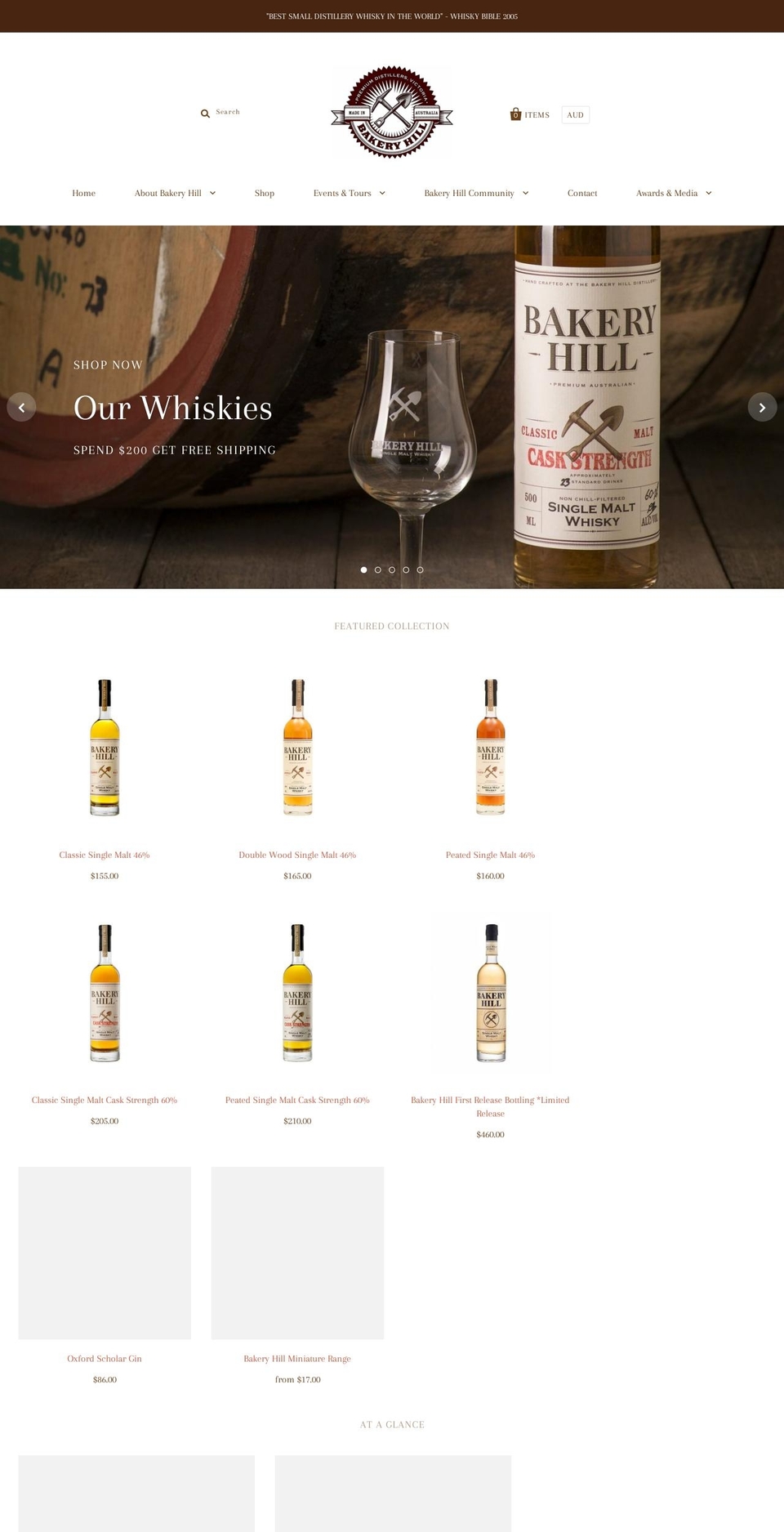 bakeryhilldistillery.com — Shopify storefront screenshot