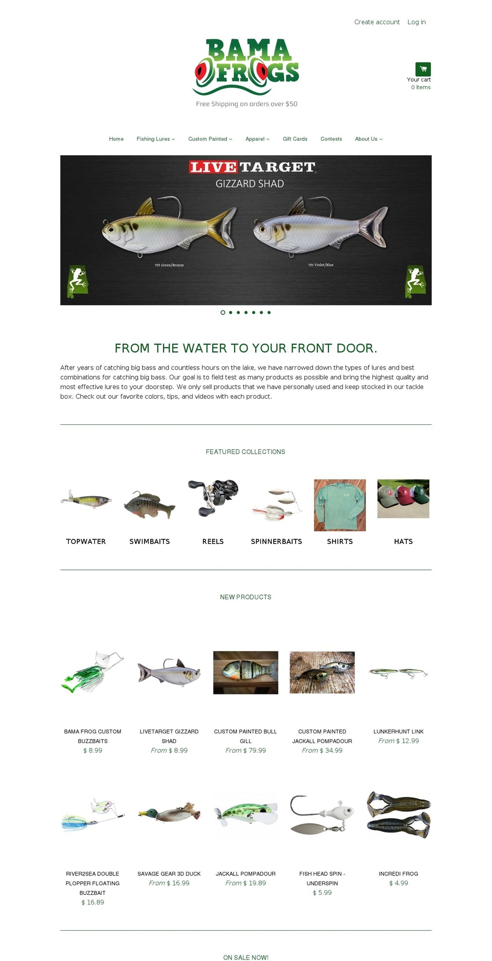 React Shopify theme site example bamafrogs.com