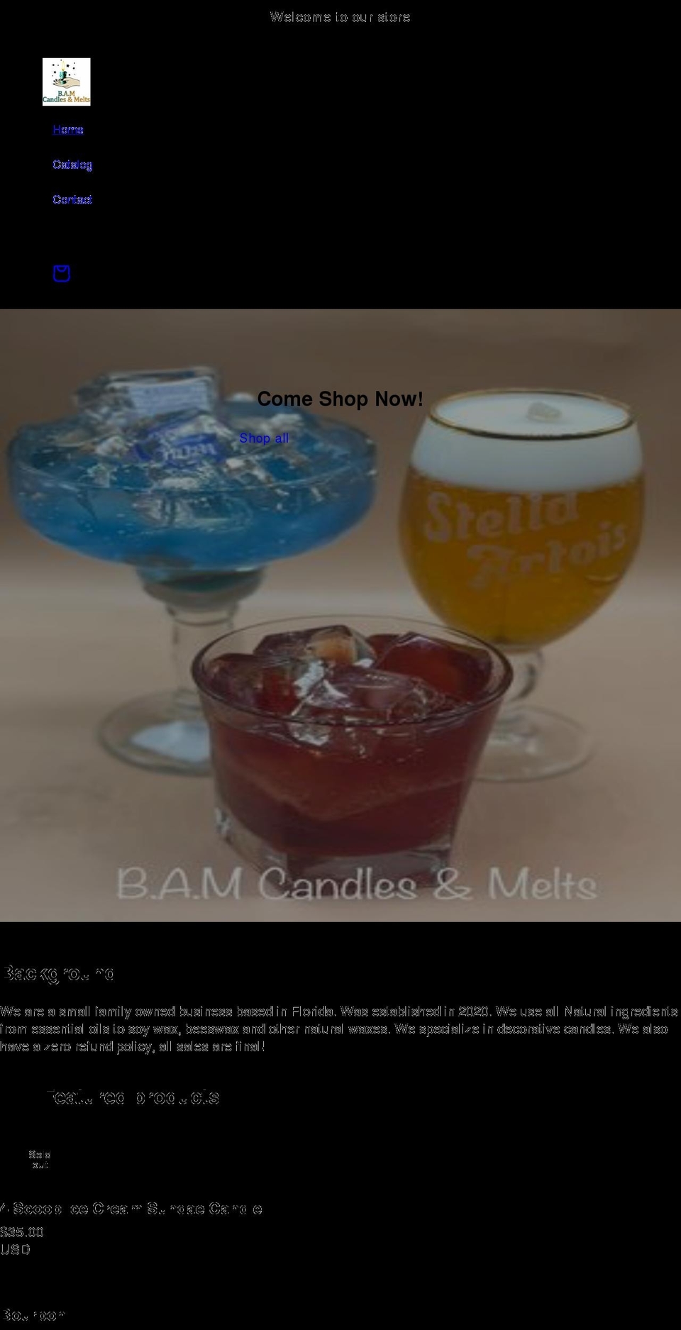 bamcandlesandmelts.com shopify website screenshot