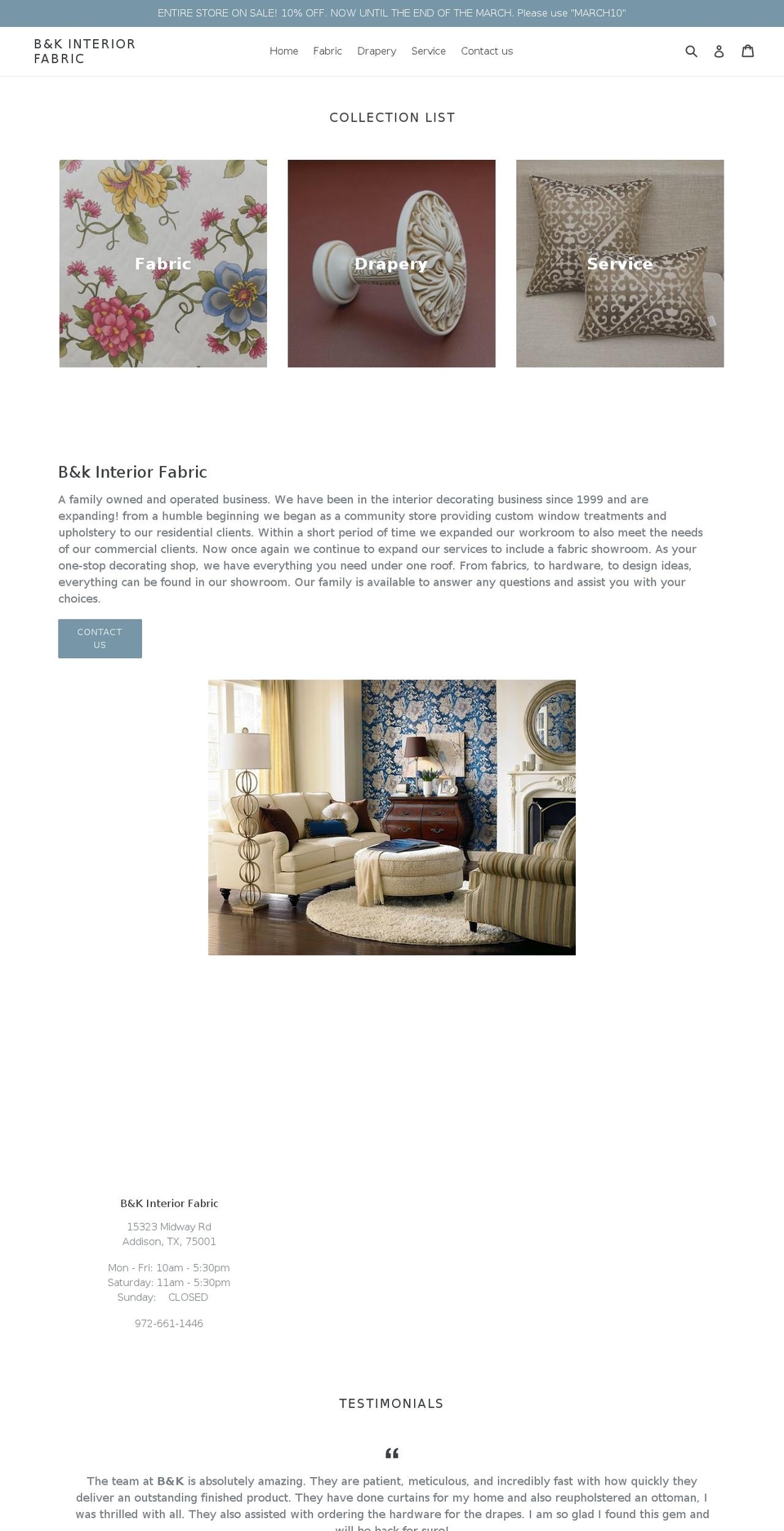 bandkinteriorfabric.com shopify website screenshot