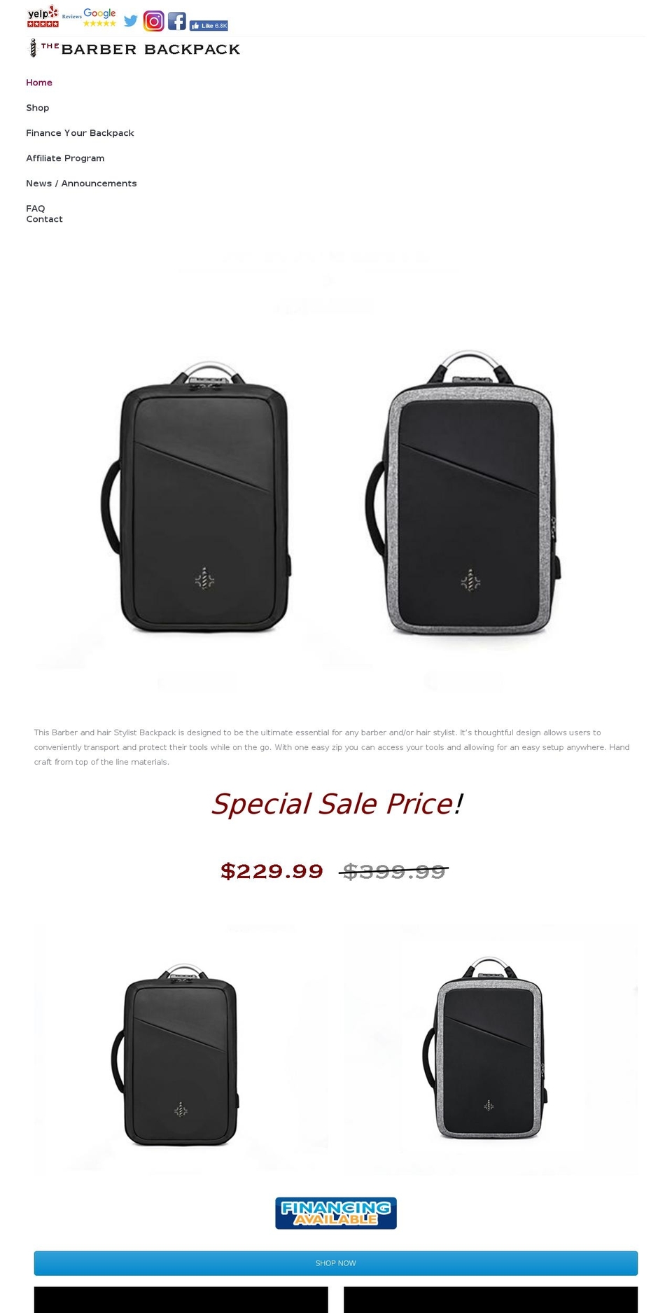 barberbackpack.com — Shopify storefront screenshot