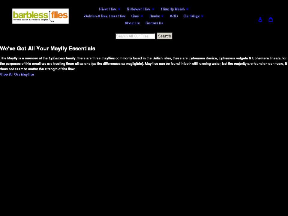 barbless-flies.com shopify website screenshot