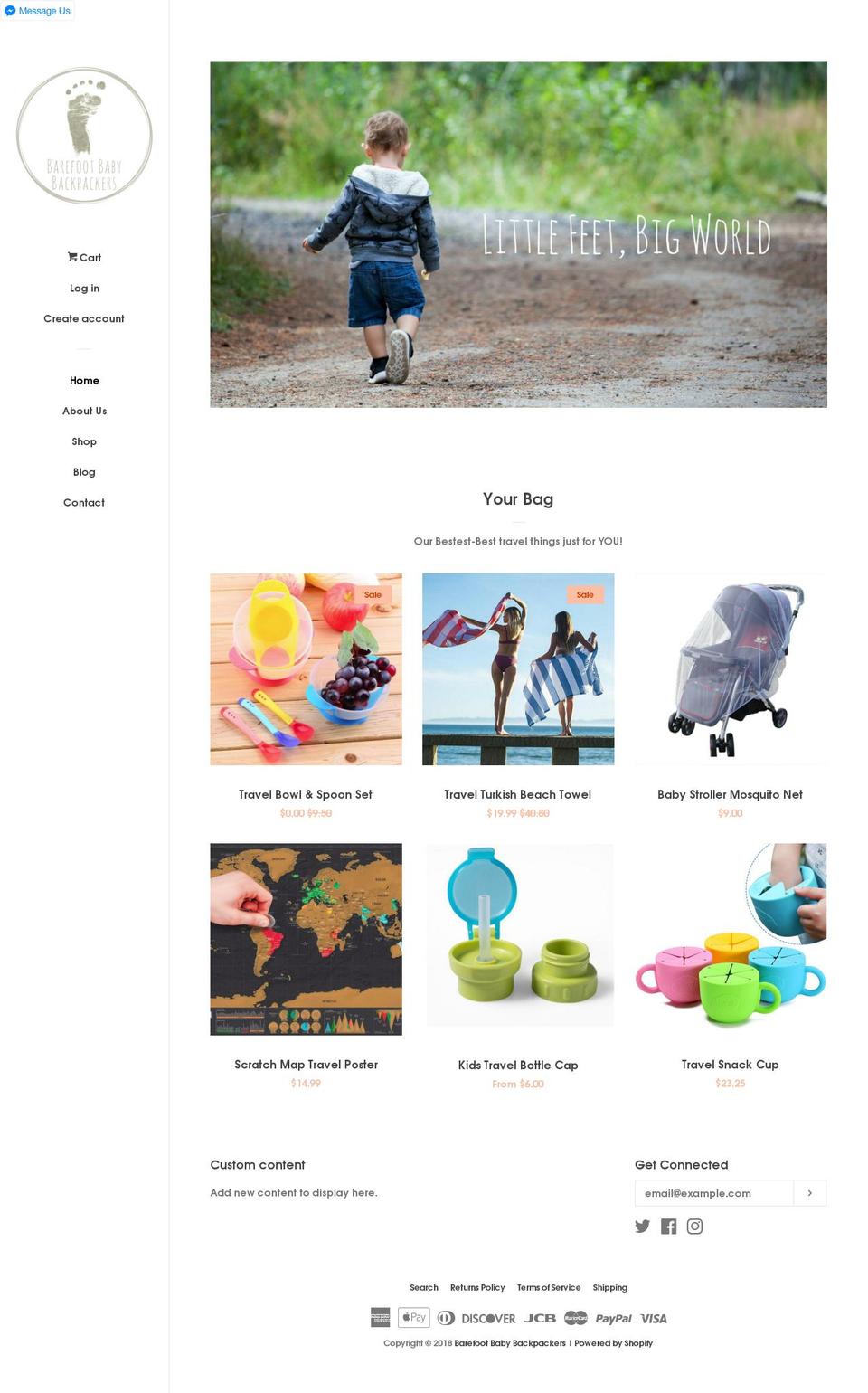barefootbabybackpackers.com shopify website screenshot