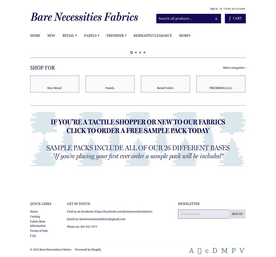 barenecessitiesfabrics.com — Shopify storefront screenshot