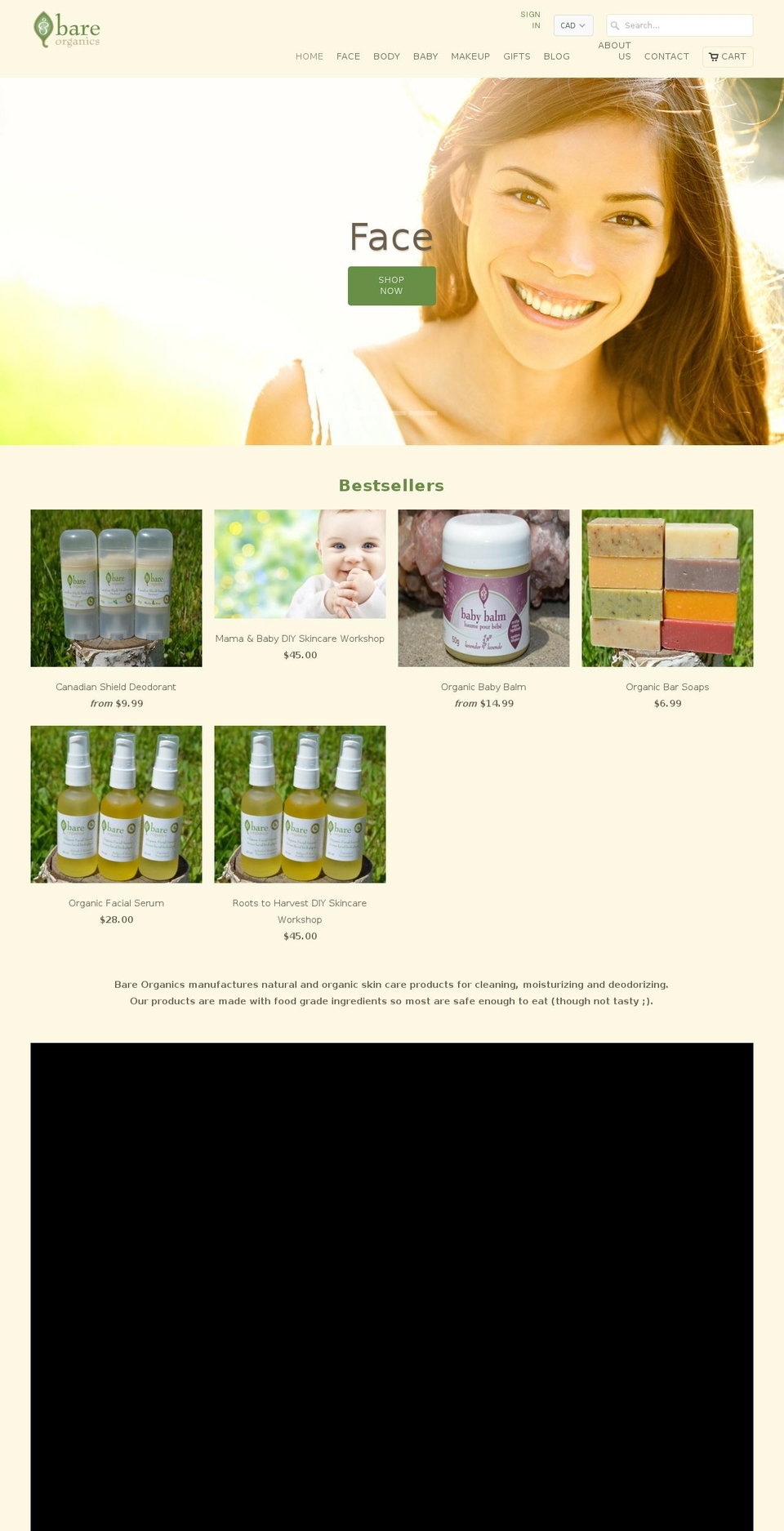 bareorganics.ca shopify website screenshot