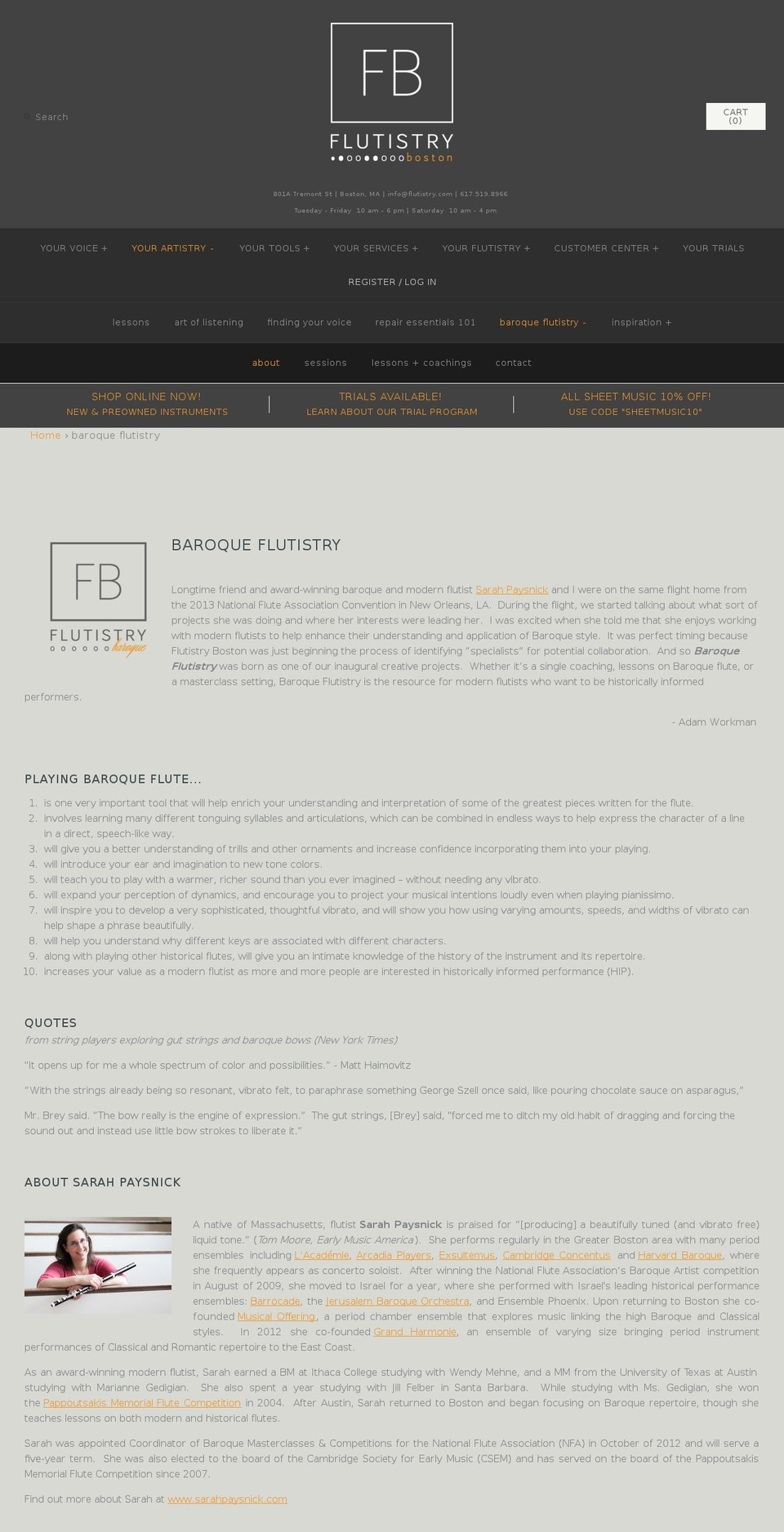baroqueflutistry.com shopify website screenshot