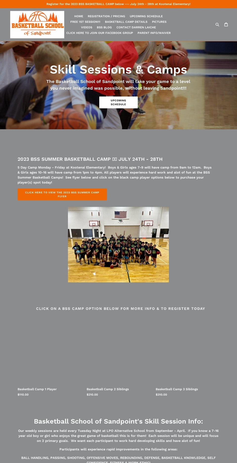 basketballschoolofsandpoint.com — Shopify storefront screenshot