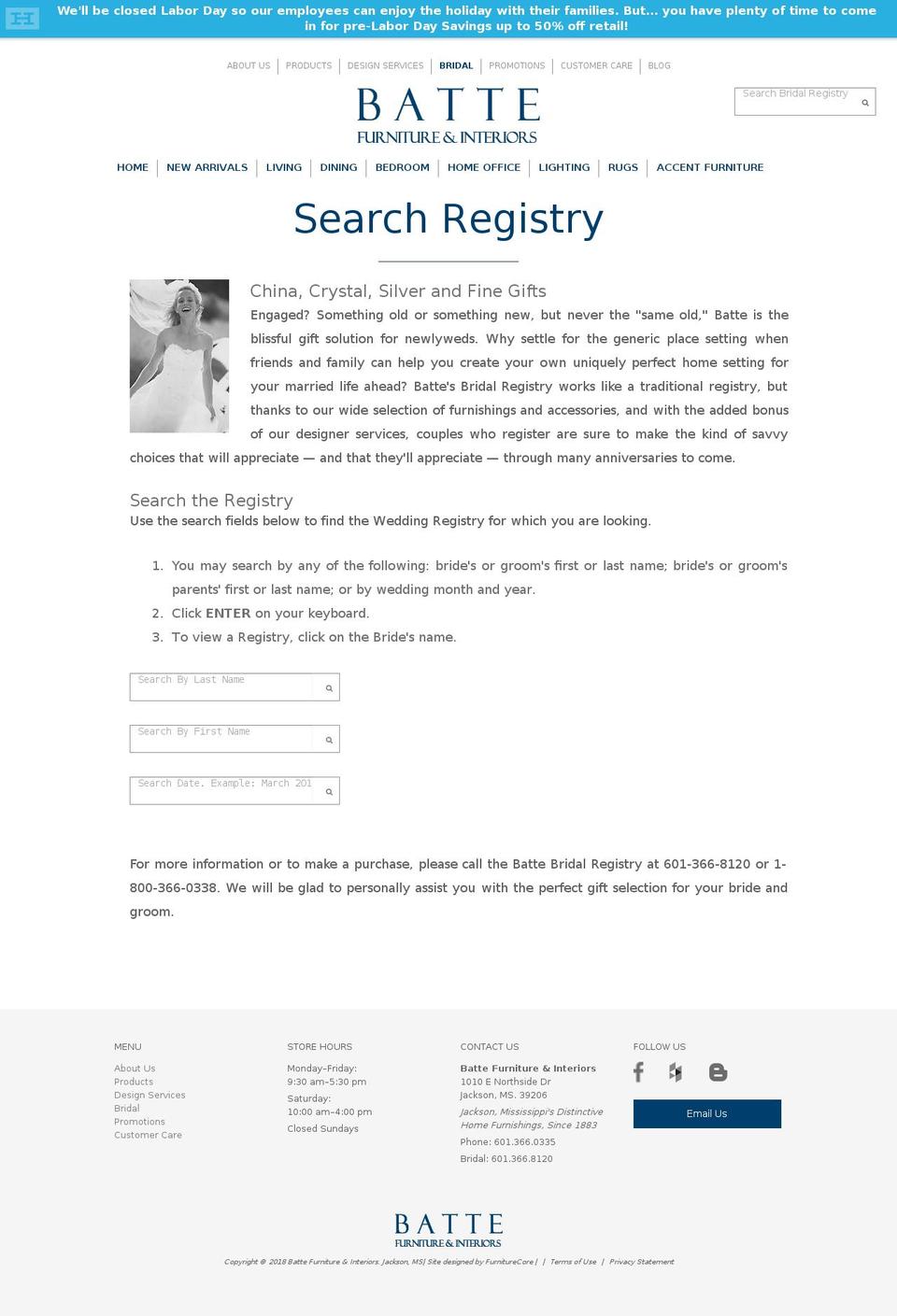 Batte Furniture Shopify theme site example battebridal.com