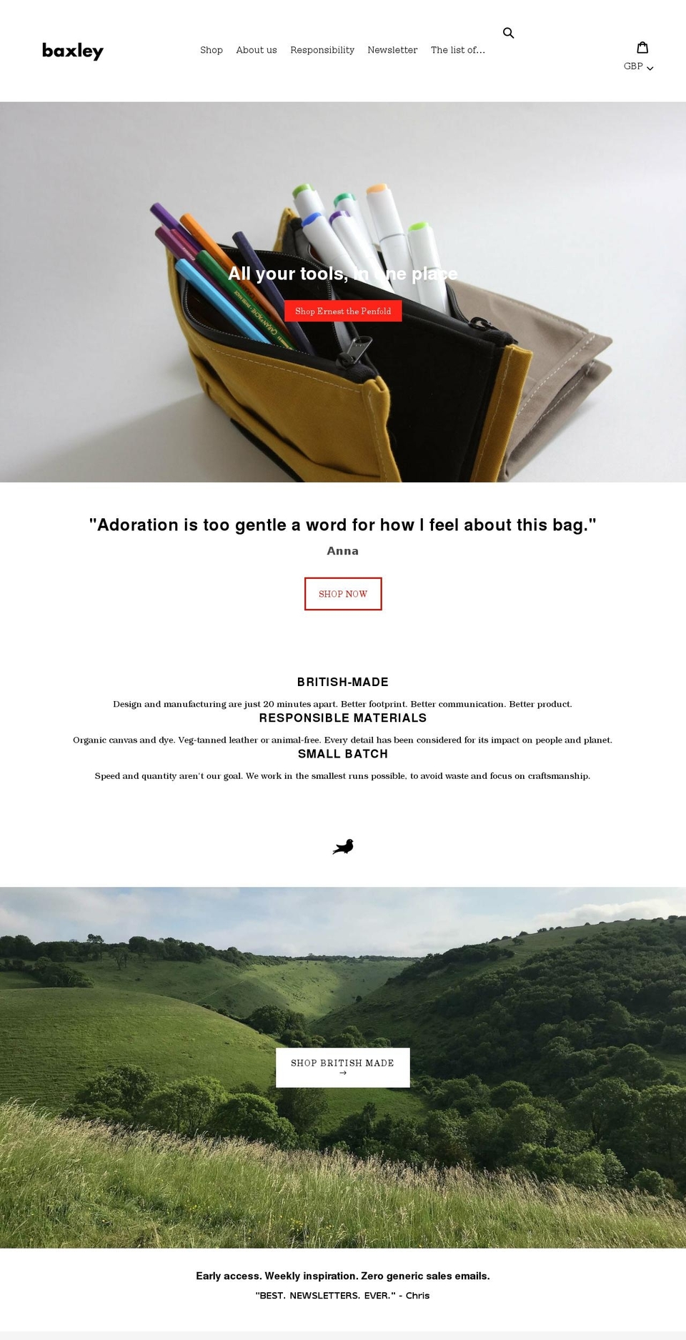 baxleygoods.com shopify website screenshot