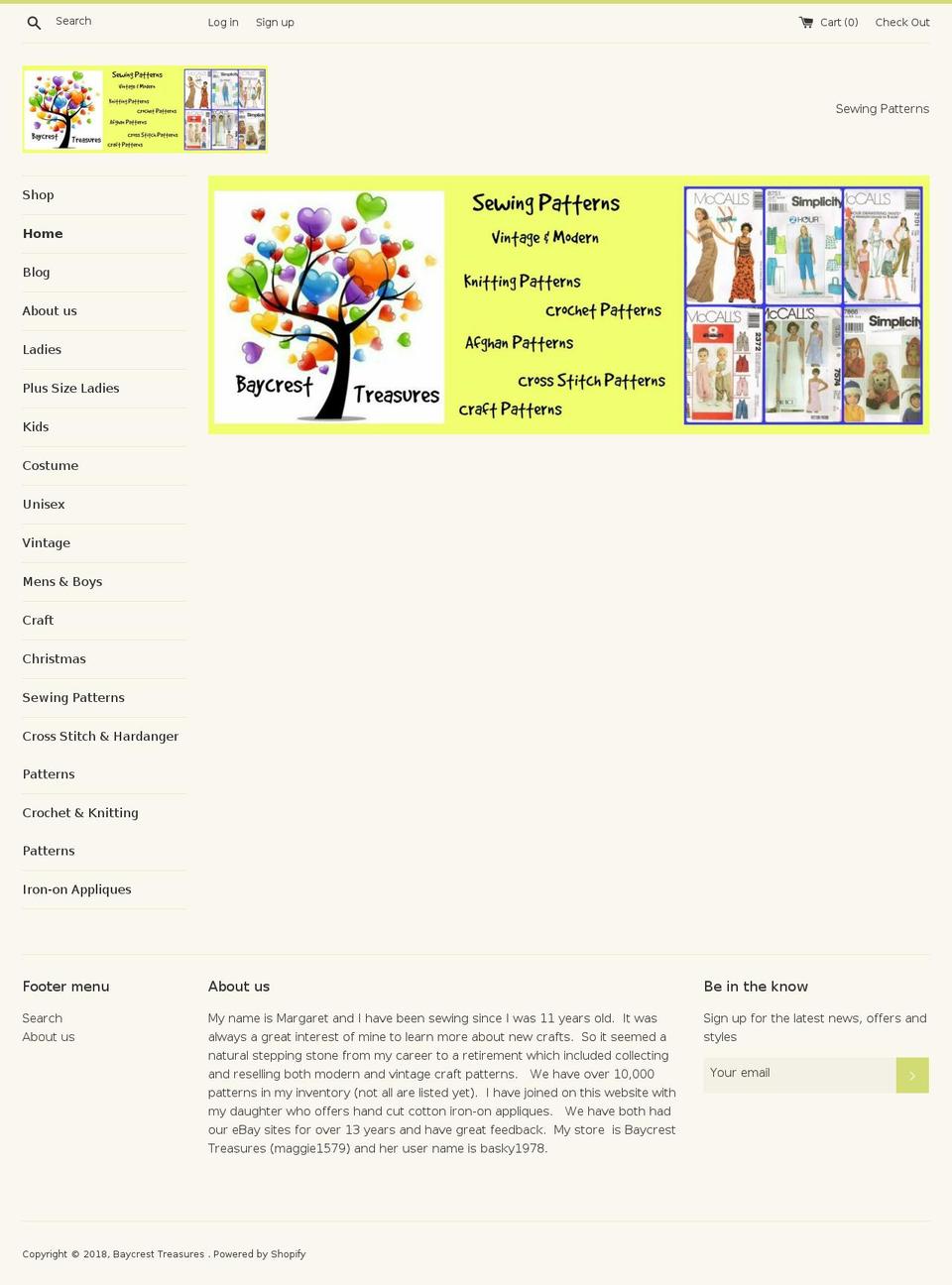 baycrestsewingpatterns.com — Shopify storefront screenshot
