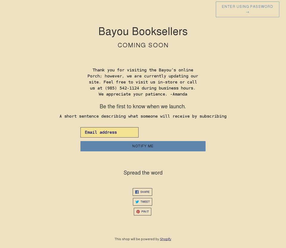 bayou-booksellers.myshopify.com shopify website screenshot