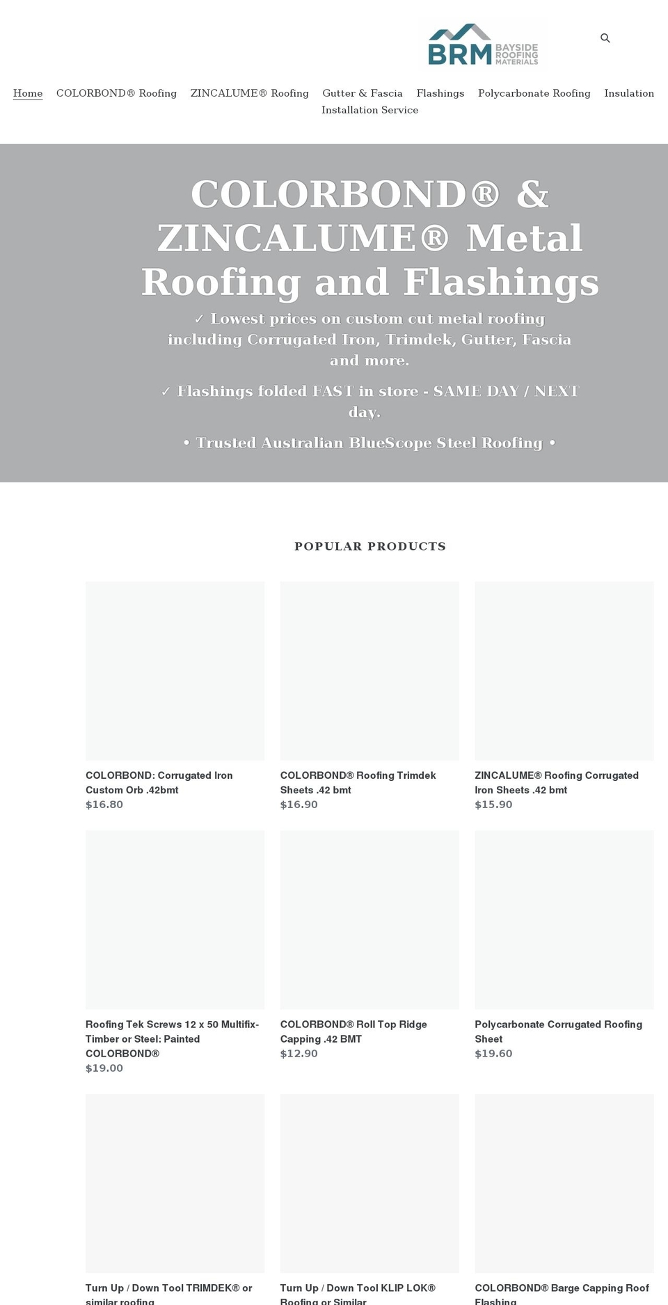 baysideroofingmaterials.com.au shopify website screenshot
