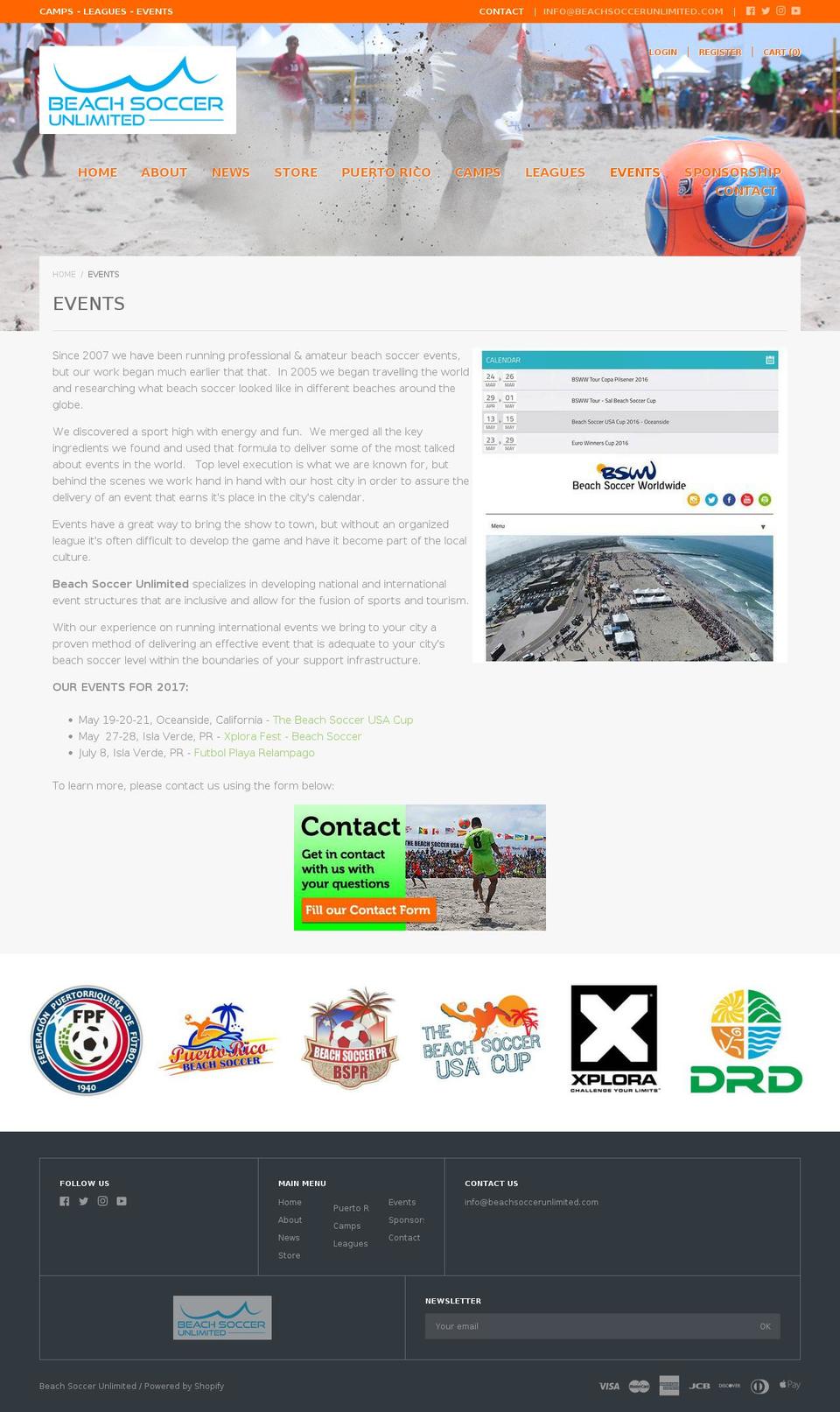 beachsoccerevents.com — Shopify storefront screenshot