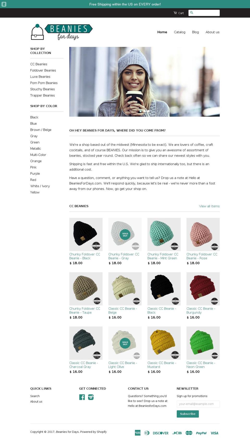 beaniesfordays.com shopify website screenshot