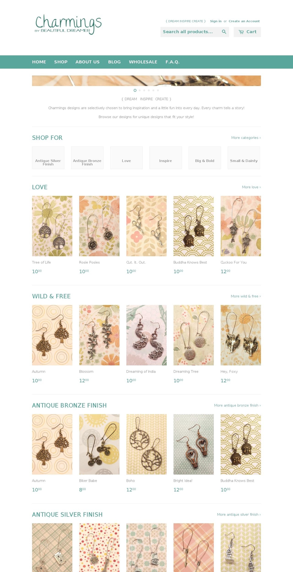 beautifuldreamercharmings.com shopify website screenshot