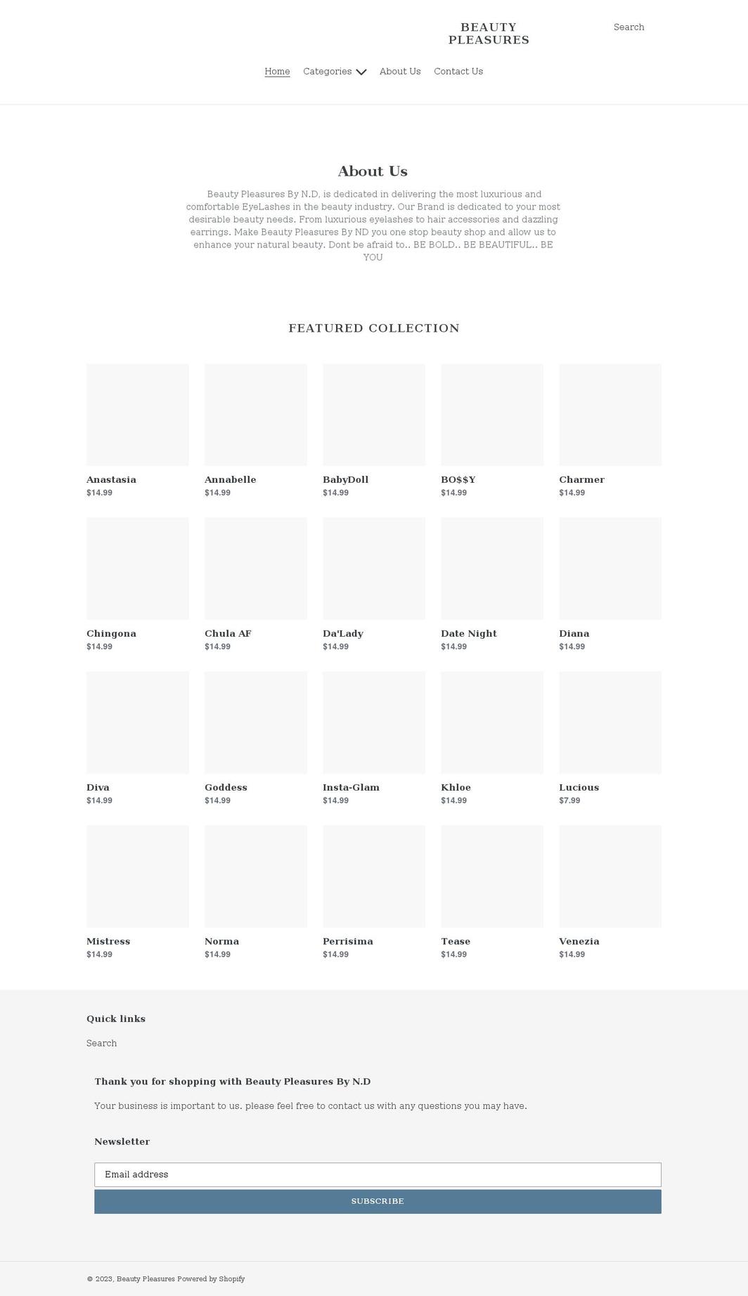 beautypleasuresbynd.com shopify website screenshot