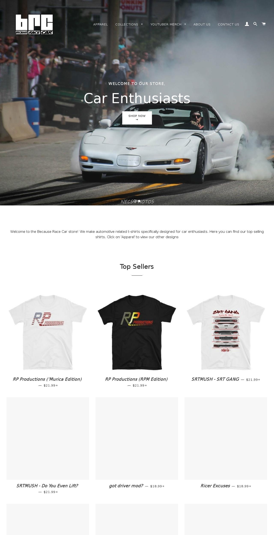 becauseracecarstore.com — Shopify storefront screenshot