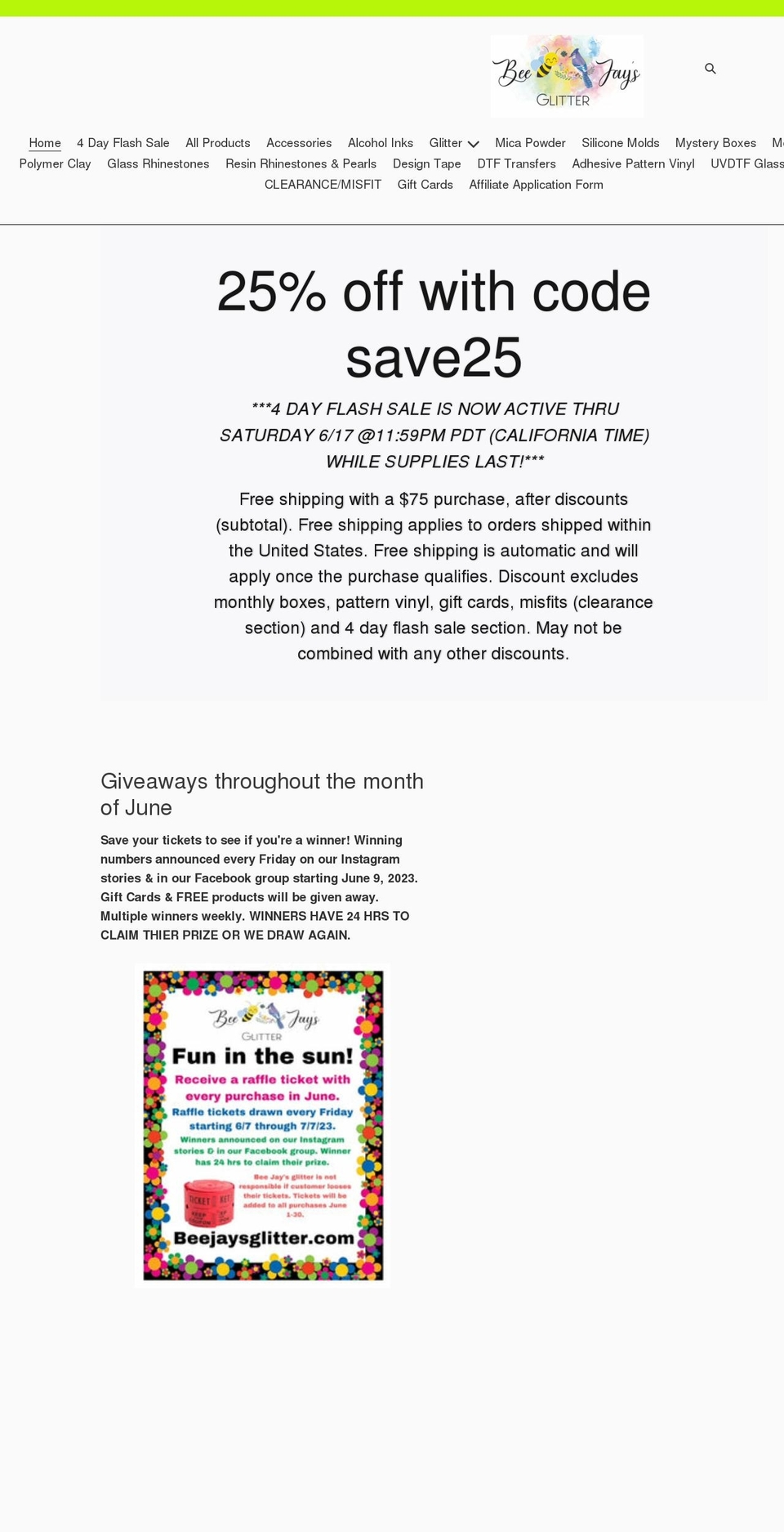 beejaysglitter.com shopify website screenshot