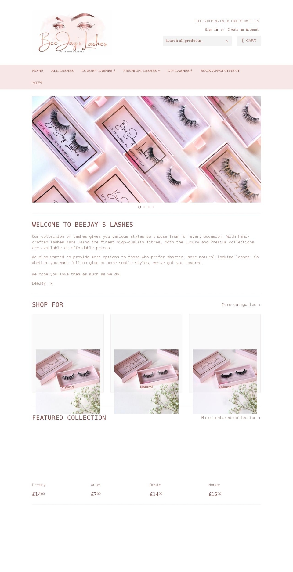 beejayslashes.co.uk shopify website screenshot
