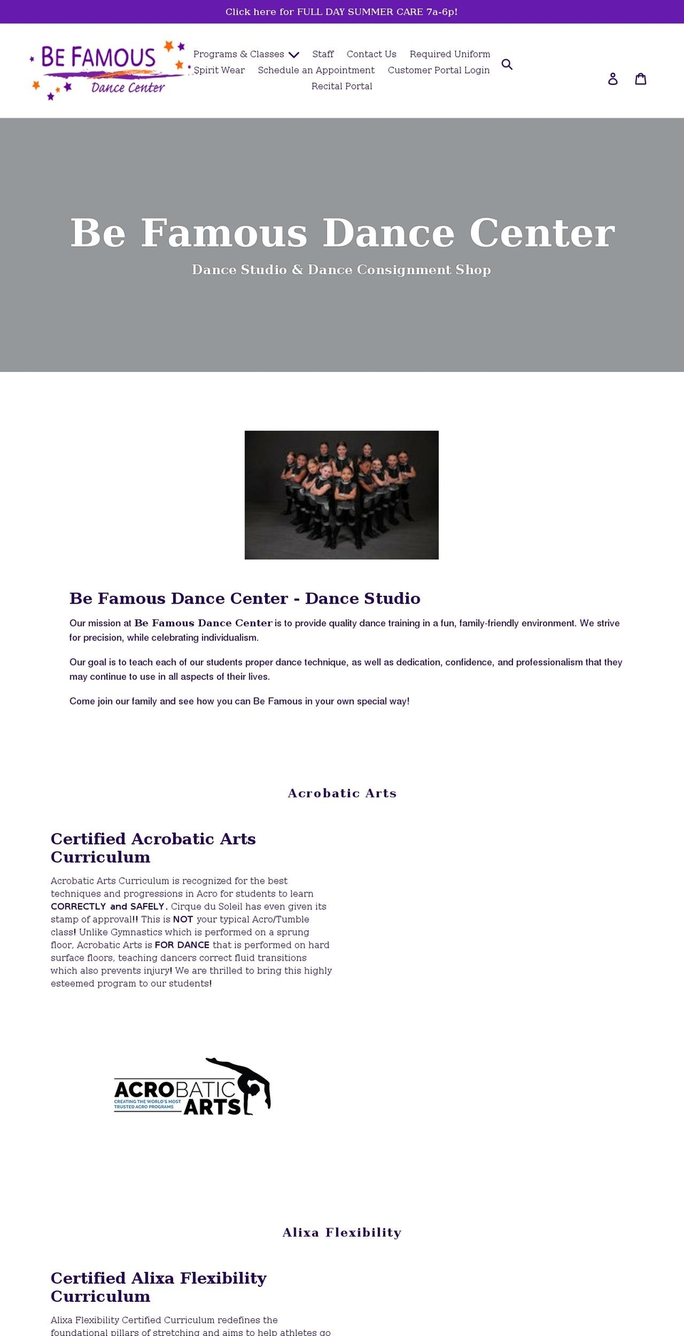 befamousdancecenter.com shopify website screenshot