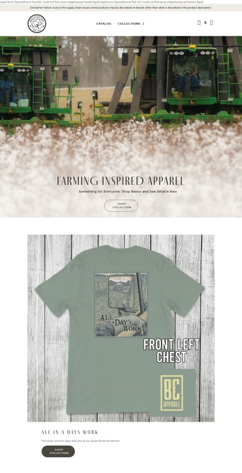 bellacottonapparel.com shopify website screenshot