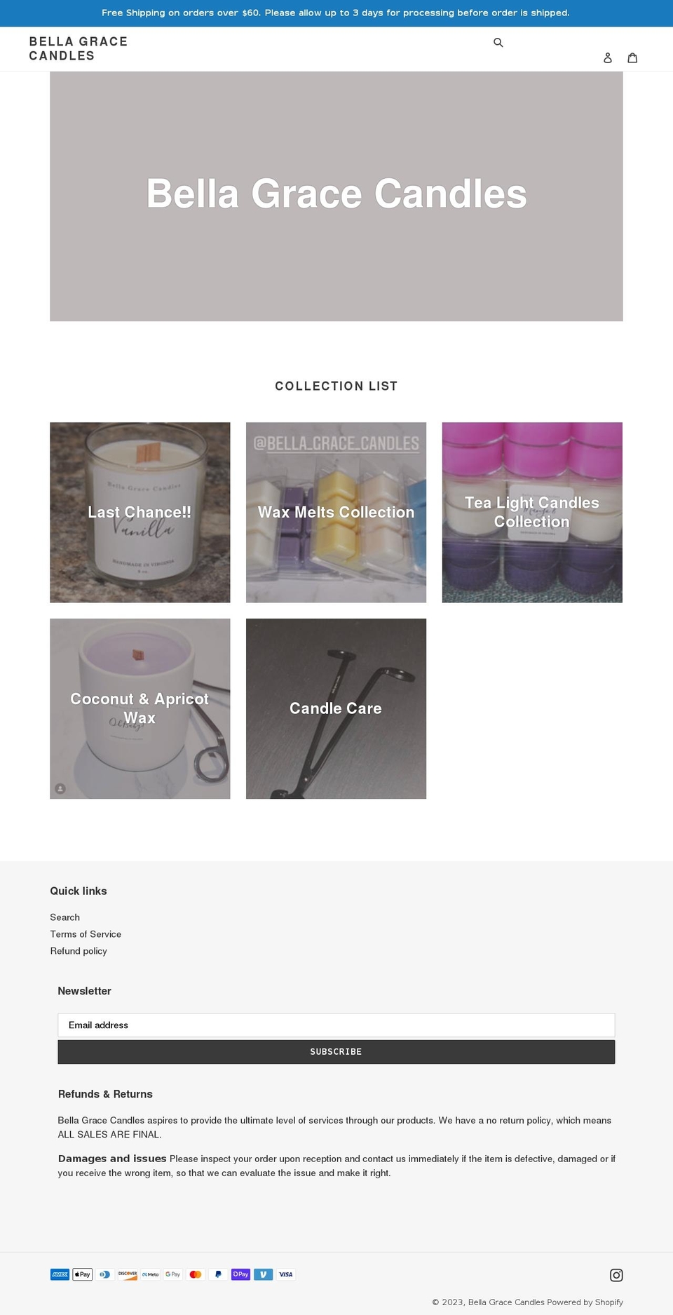 bellagracecandlesrva.com shopify website screenshot