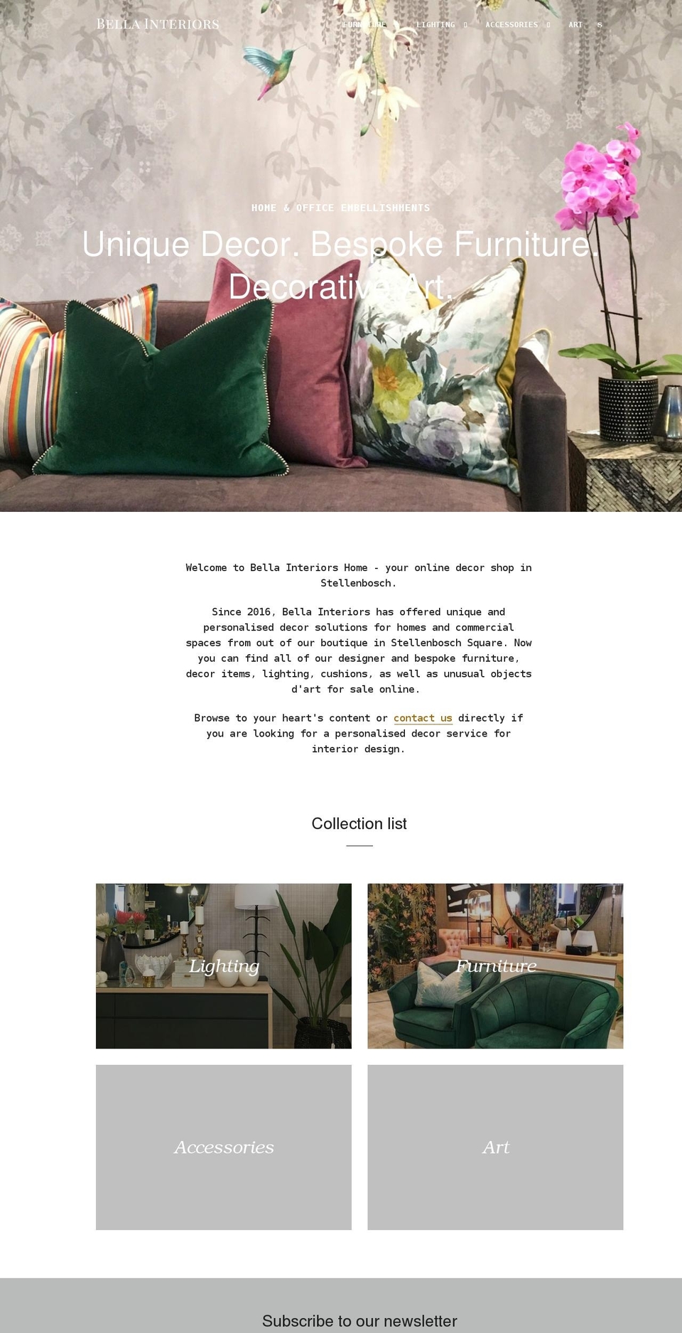 bellainteriorshome.co.za shopify website screenshot