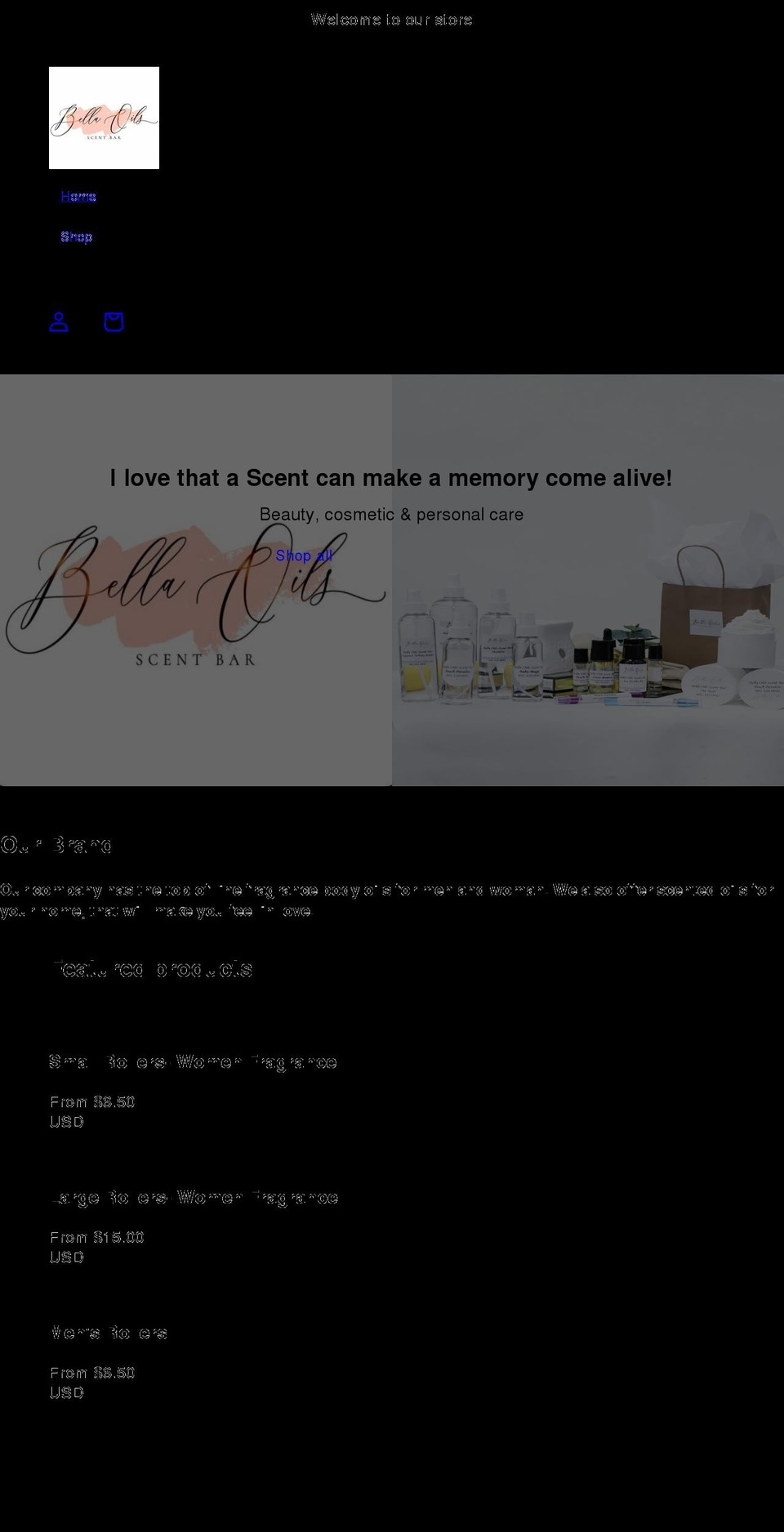 bellaoilsscentbar.com shopify website screenshot