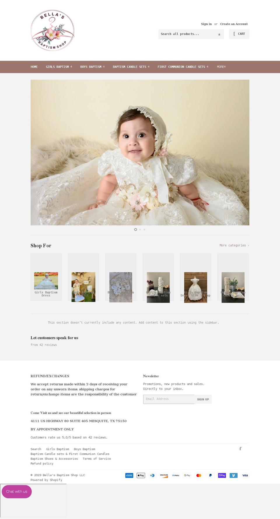 bellasbaptismshop.com shopify website screenshot