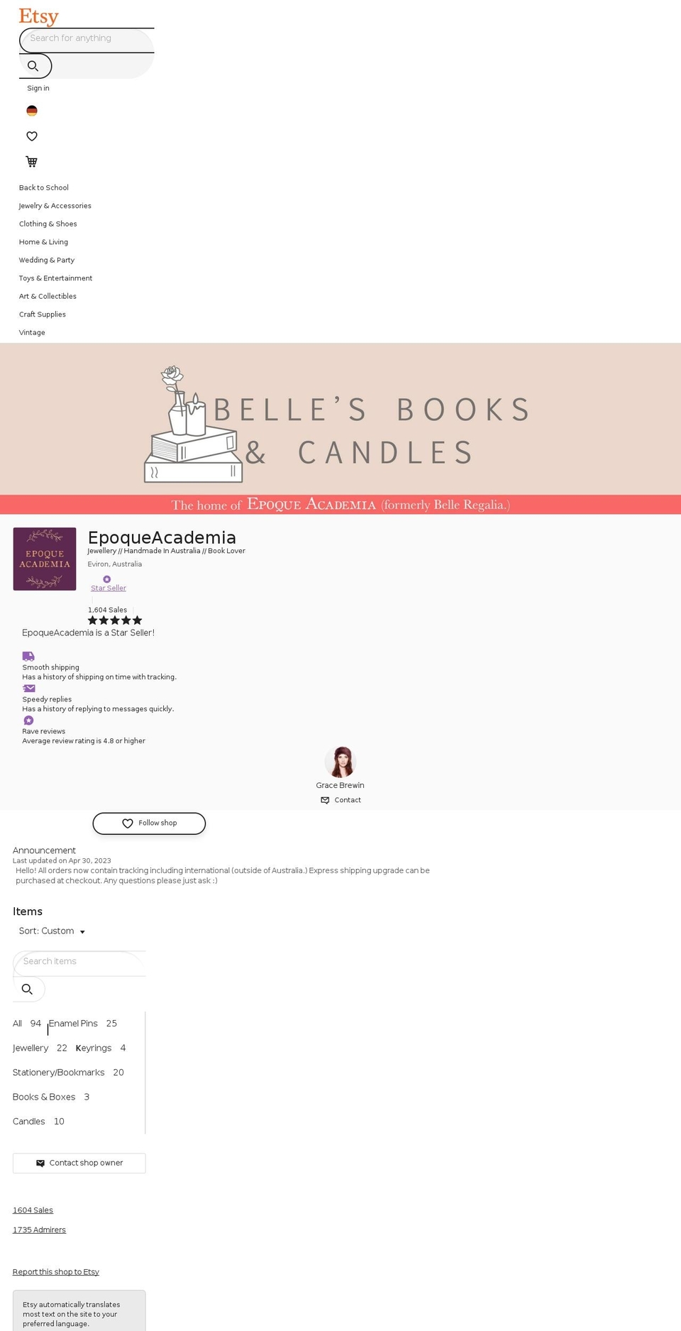 bellesbooksandcandles.com.au shopify website screenshot