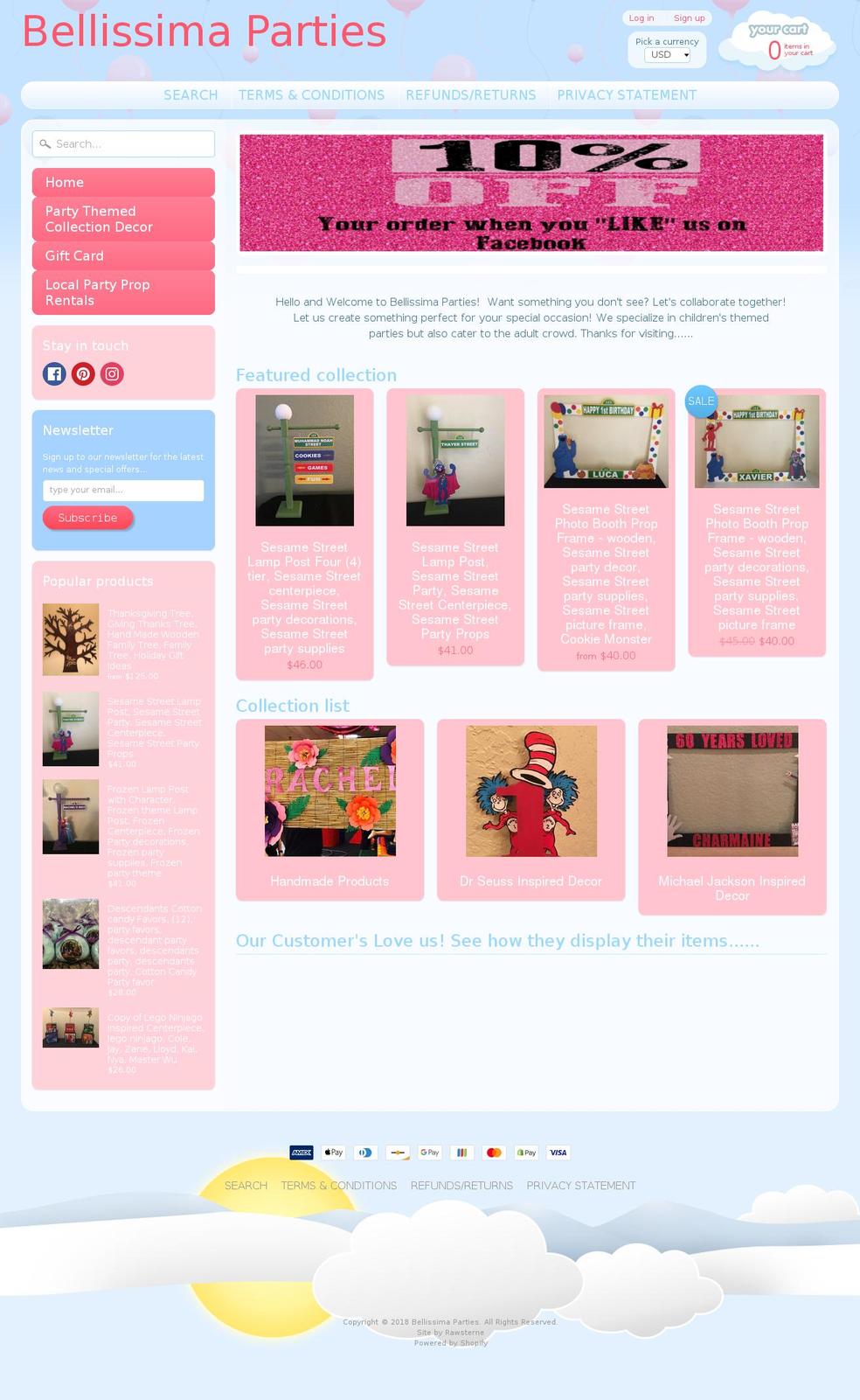 bellissimaparties.com shopify website screenshot