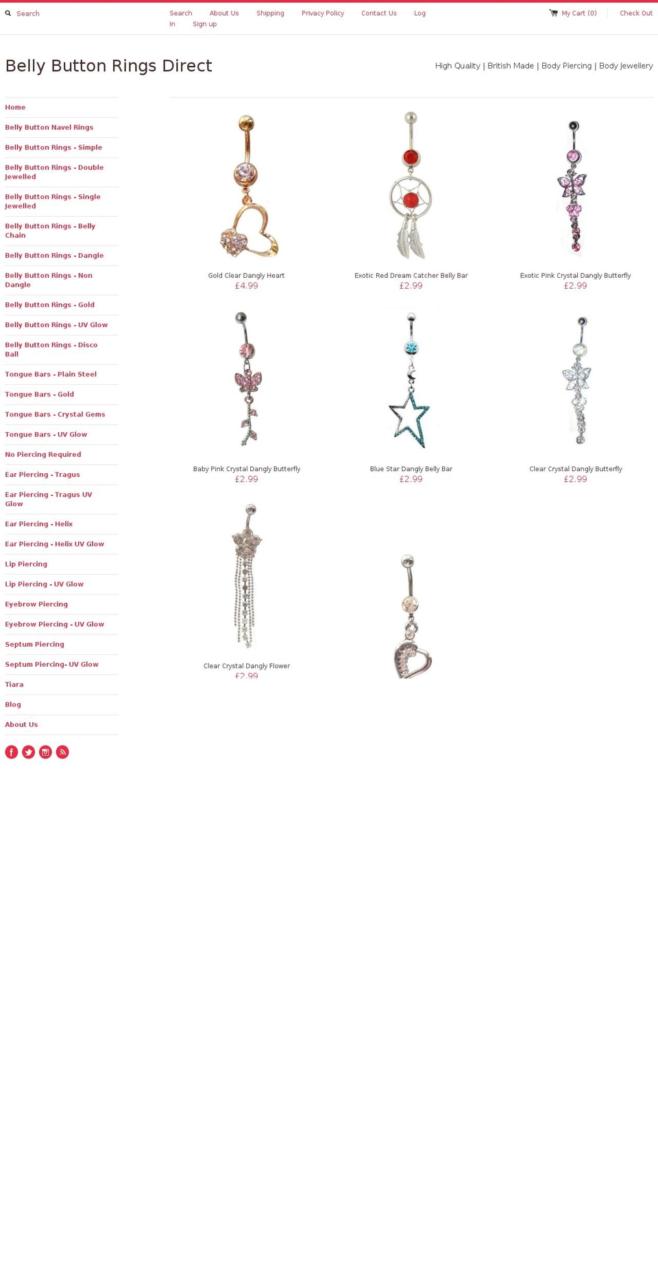 bellybuttonringsdirect.com shopify website screenshot