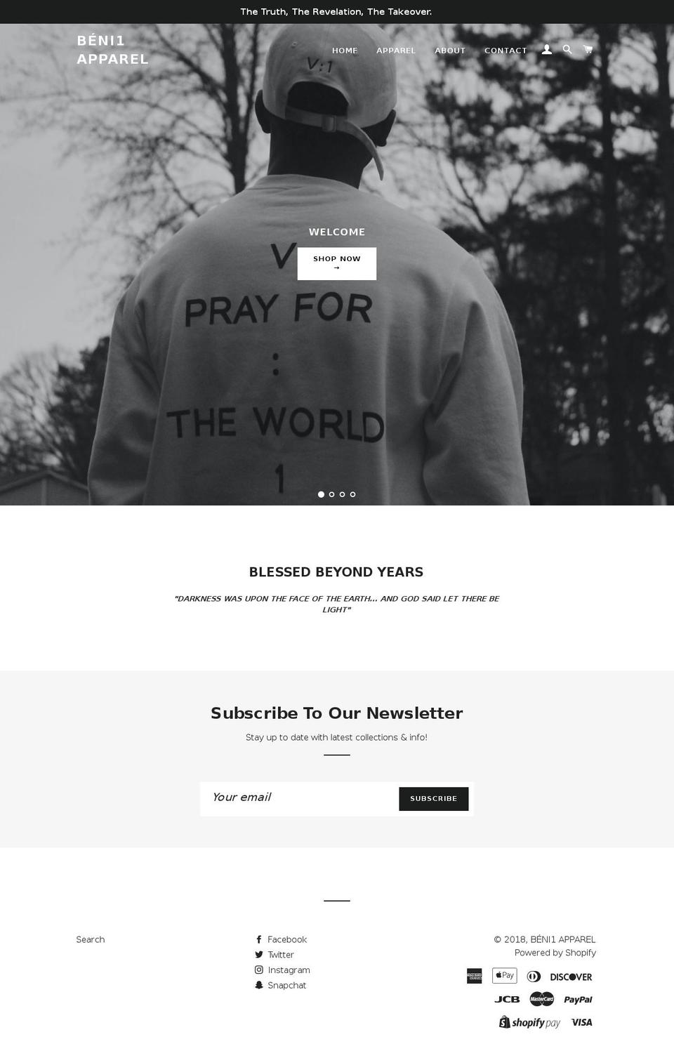 beni1apparel.com — Shopify storefront screenshot