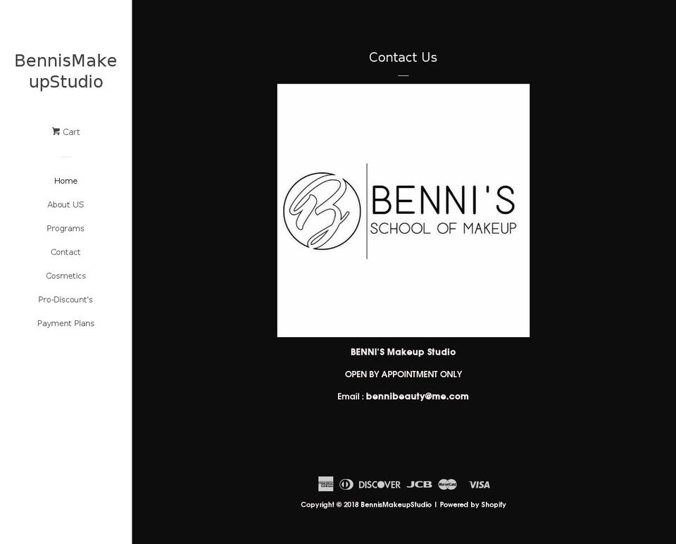 bennismakeupstudio.com — Shopify storefront screenshot