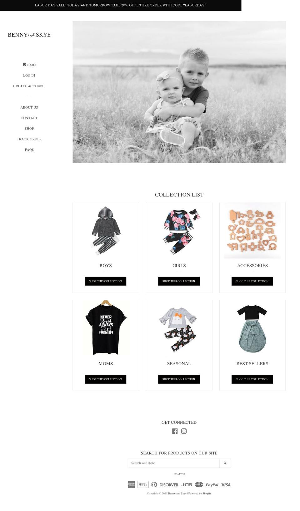 bennyandskye.com — Shopify storefront screenshot