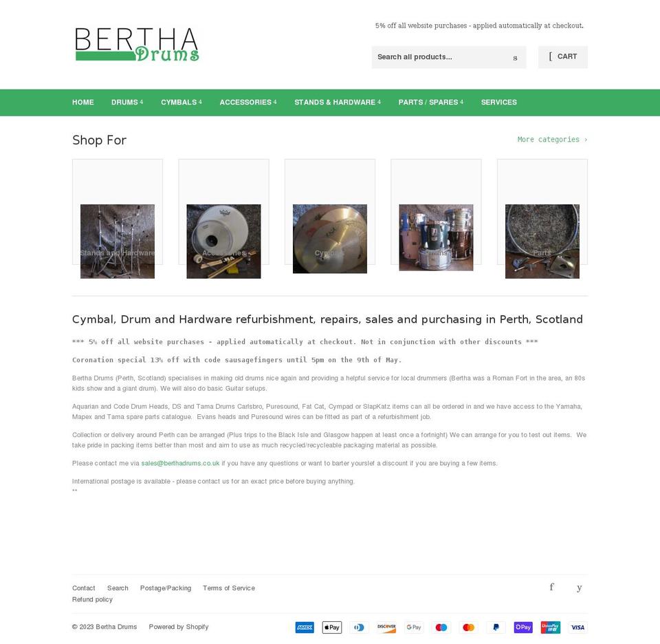 berthadrums.co.uk shopify website screenshot