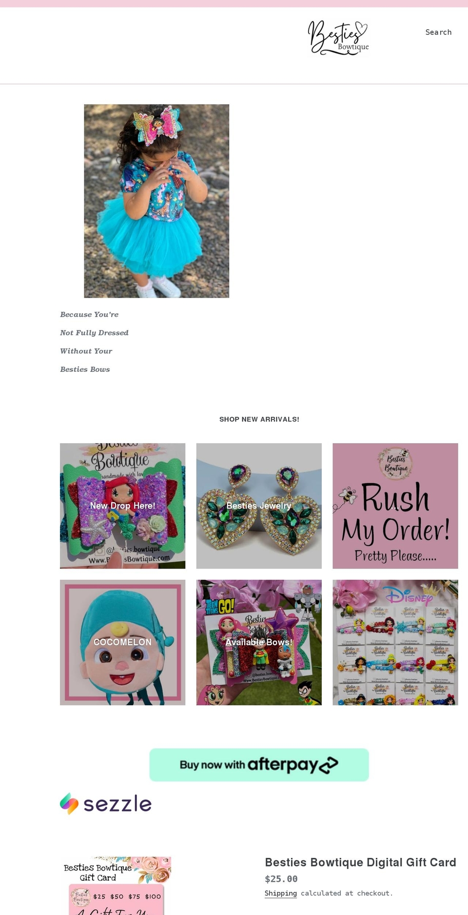 bestiesbowtique.com shopify website screenshot